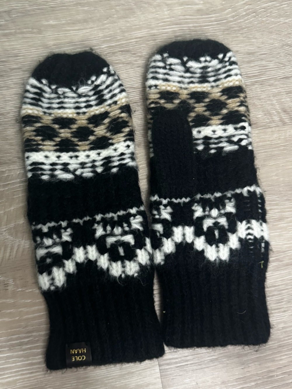 Cole Haan Black, Cream & Brown Patterned Knit Mittens